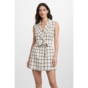 Pendleton Women's Cream Black Windowpane 100% Wool Belted Vest Dress- Size M